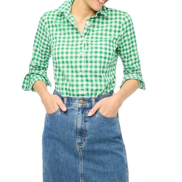 J. Crew Womens Green Gingham Cotton Signature Fit Button Down Shirt Size 6 - Picture 1 of 6